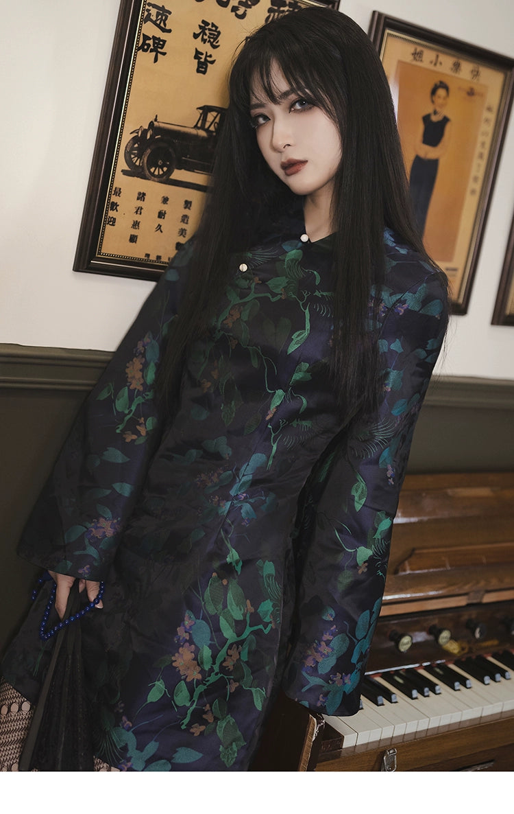 Elegant black and green cheongsam dress with floral jacquard brocade, bell sleeves, and a fitted silhouette. Perfect for vintage-style fashion.