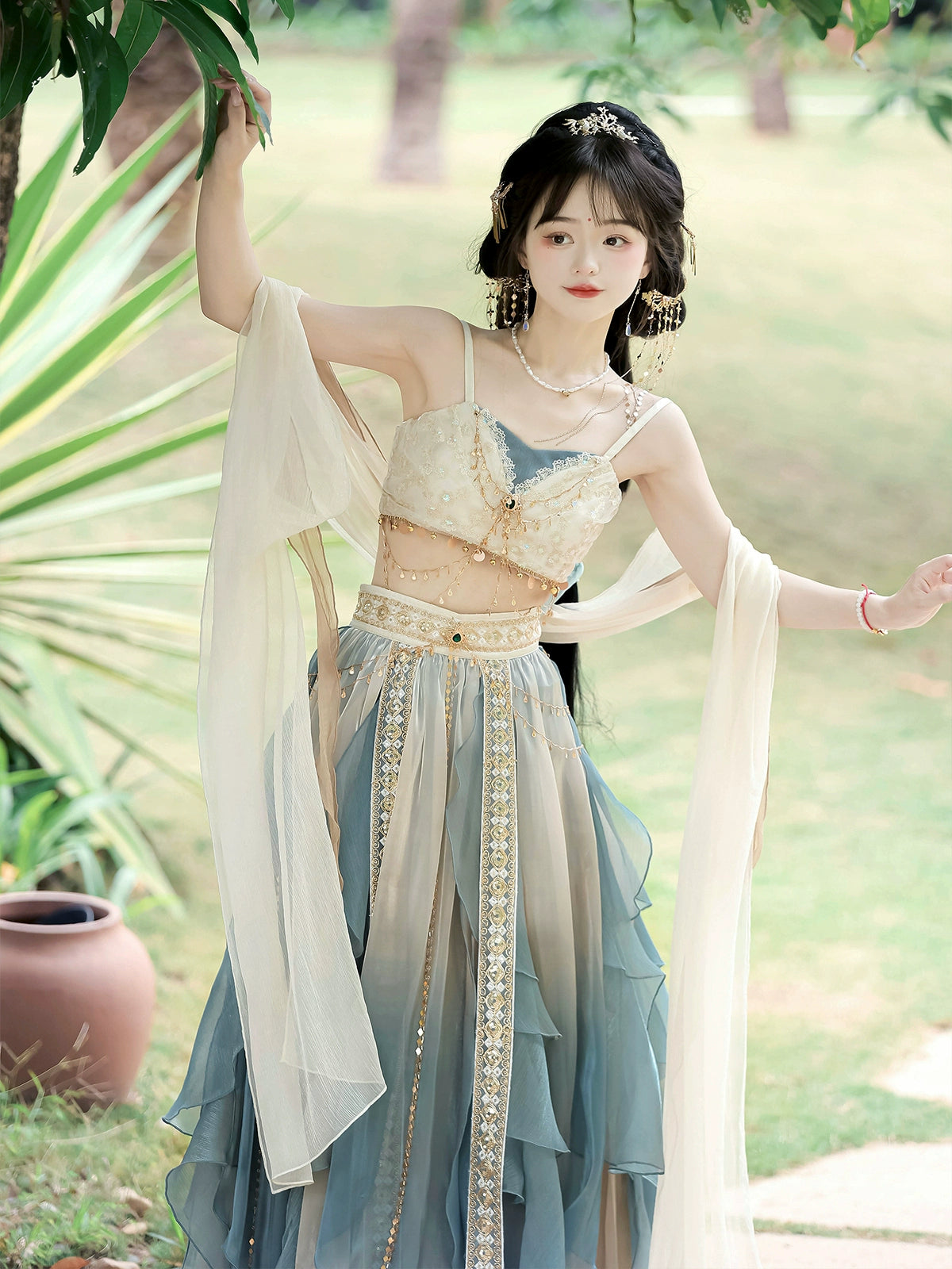 Elegant lake blue Dunhuang Goddess Hanfu Dress with gold accents, perfect for summer and traditional Chinese costume collections.