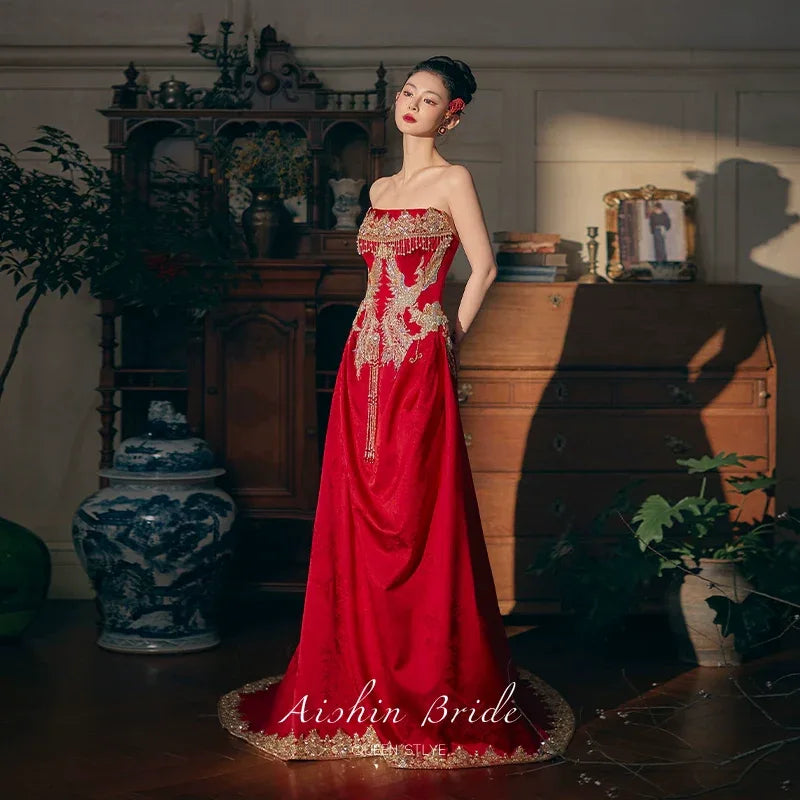 Phoenix Harmony New Chinese Bridal Dress for Engagement, Tea Ceremo Dress, single piece / XL Phoenix Harmony New Chinese Bridal Dress for Engagement, Tea Ceremo Dress, single piece / XL