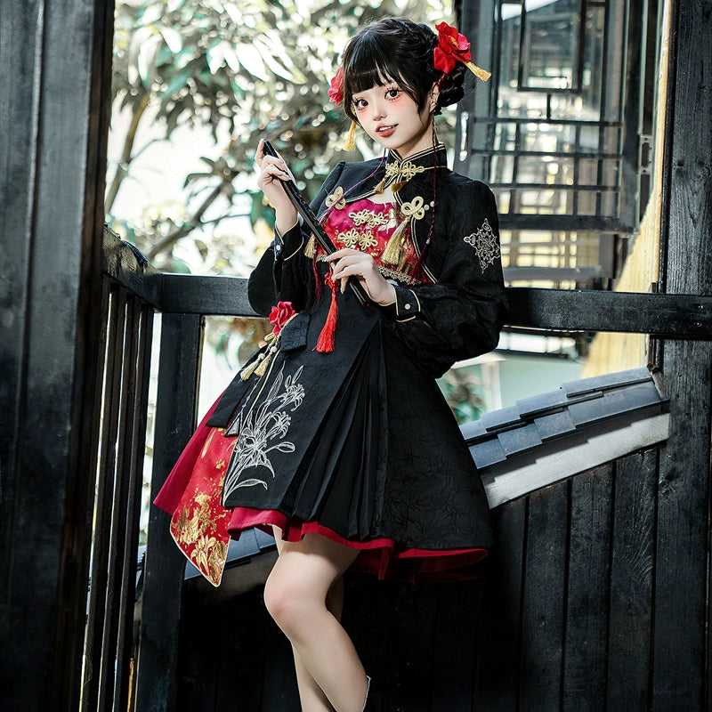 Lolita-inspired cheongsam suspender skirt set with a black bolero, red pleated skirt, and floral embroidery, blending elegance with cultural aesthetics.