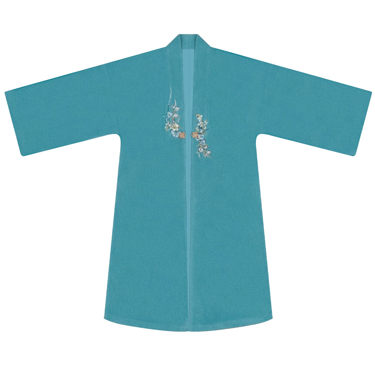 Teal floral coat displayed alone
