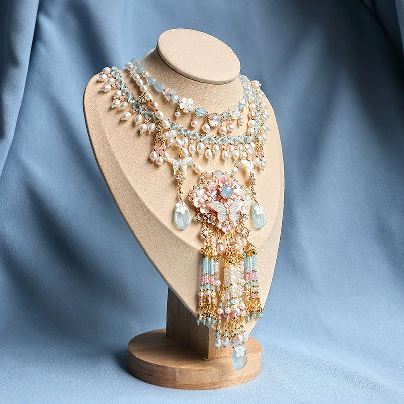Butterfly Shell & Aquamarine Pearl Necklace – Hanfu Yingluo Accessory with Original Design