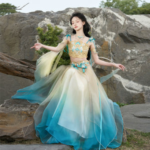 Flowing Yellow&Blue Fairy Hanfu for women with layered skirt and floral details, perfect for summer traditional wear collections.