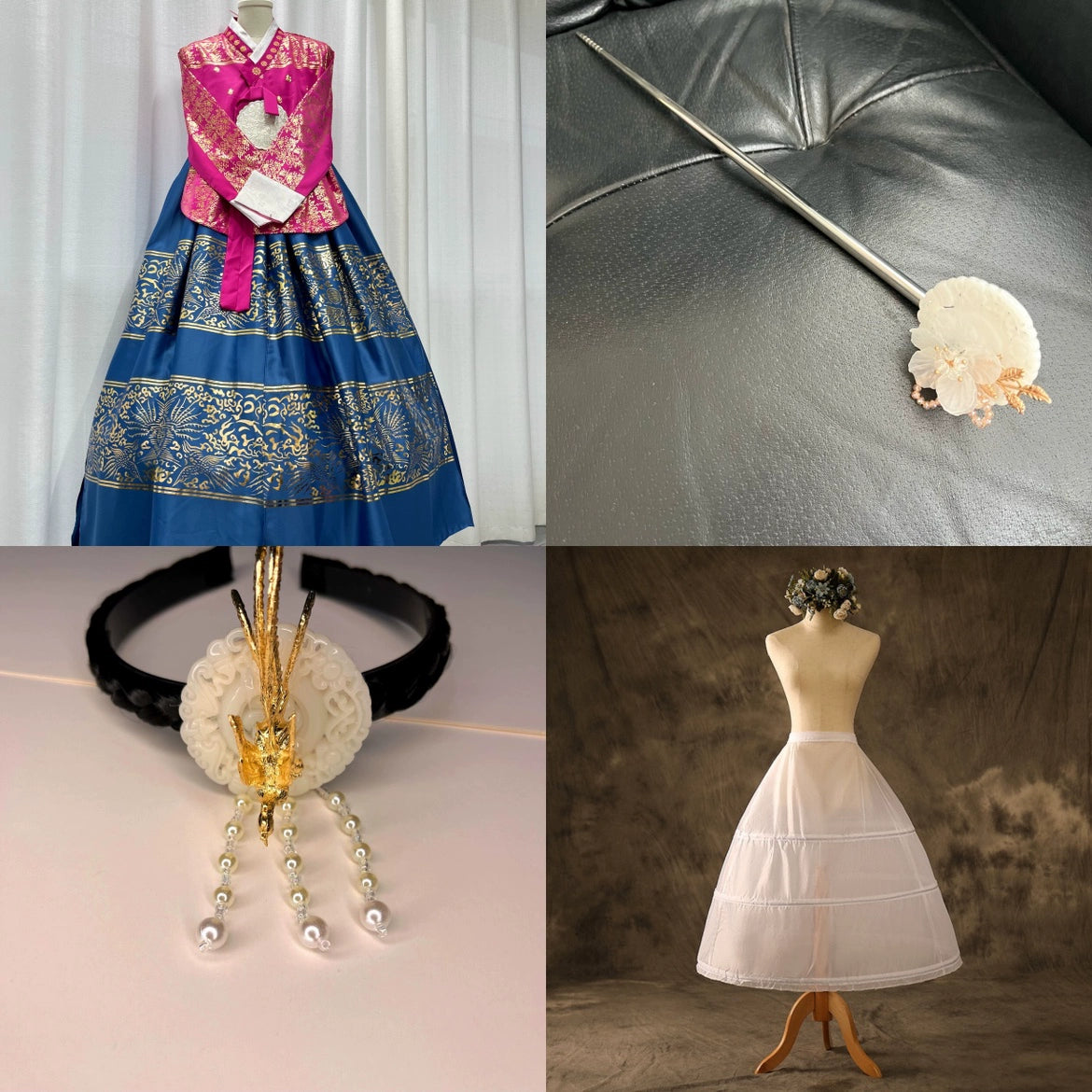 Hanbok accessories including hairpiece, petticoat, and decorative wand.