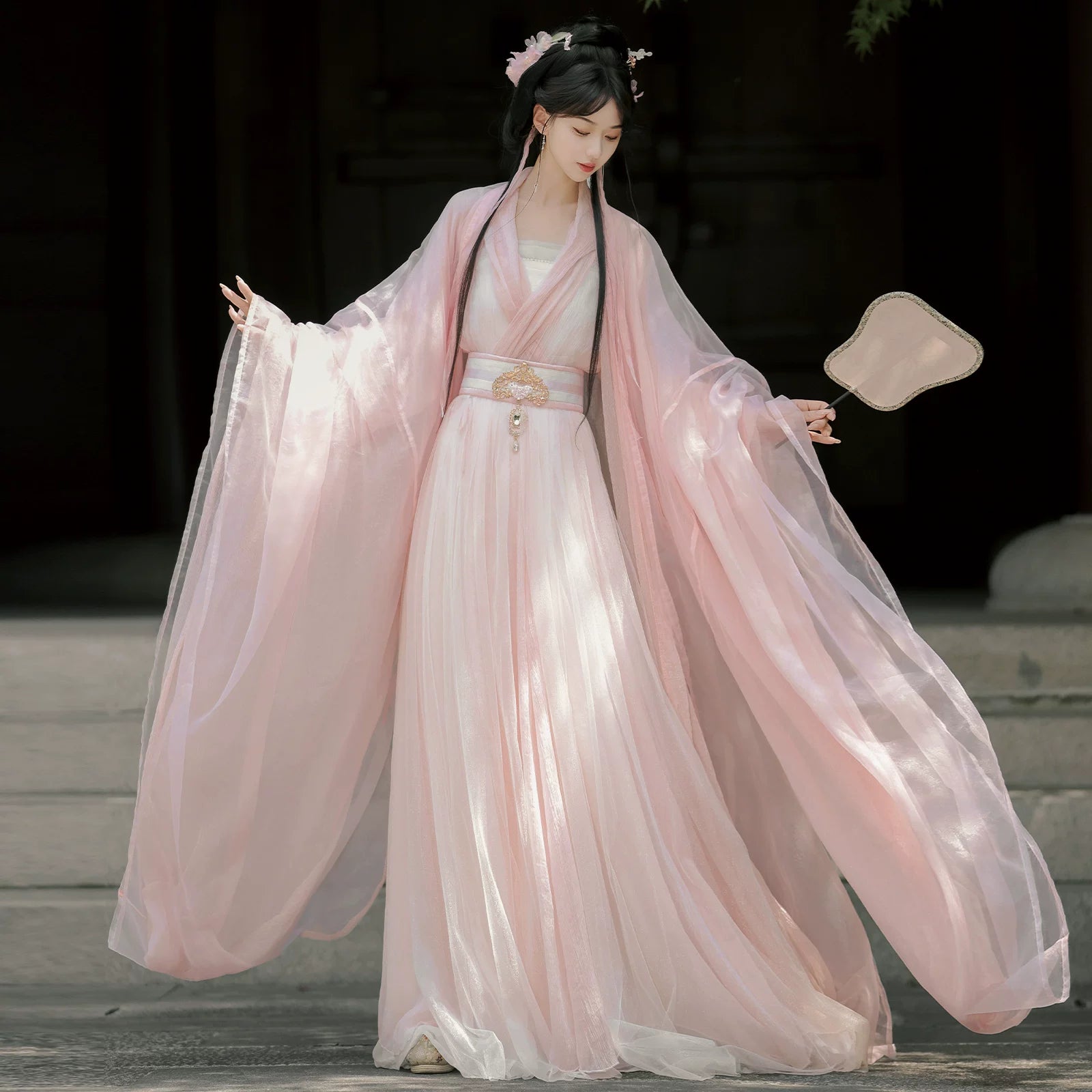 hanfu dress layers Sage Green Traditional Wei-Jin Style Double-Layer Hanfu Dress Set