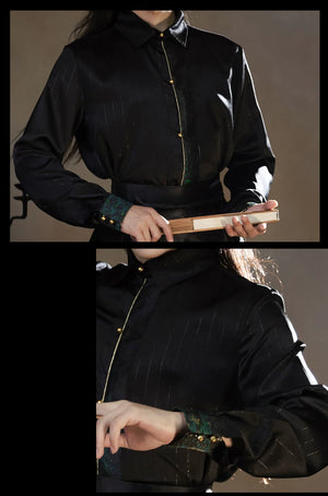 Black shirt collar, cuff and fabric details
