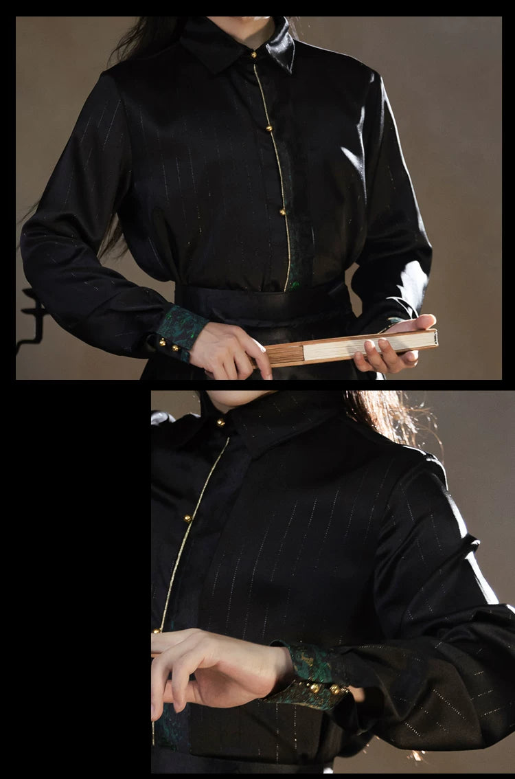 Black shirt collar, cuff and fabric details