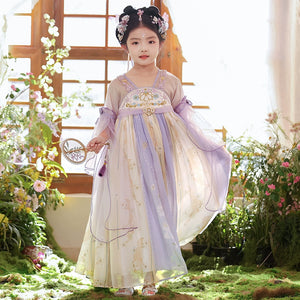 Traditional Tang Dynasty Purple Hanfu girls summer dress with floral prints and layered skirt, styled for cultural celebrations and photo shoots.