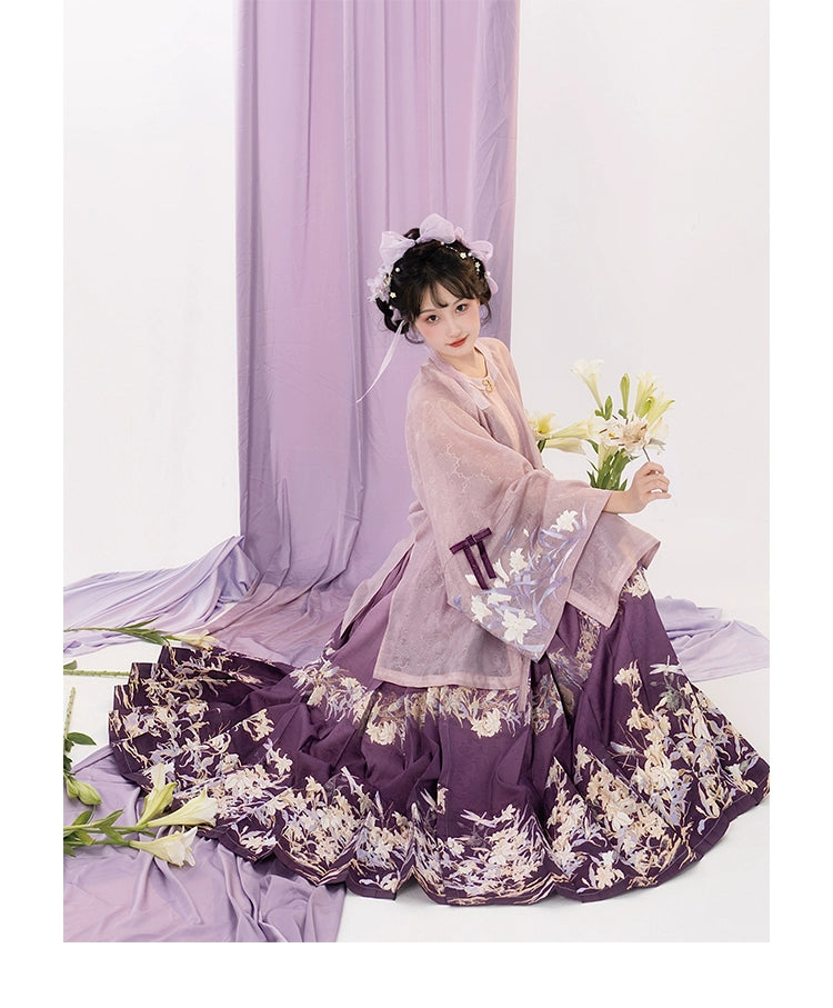 [Mountain Mist Lily] Imitation Makeup Flower Horse Dress Crew Neck Ming Hanfu Suit Women