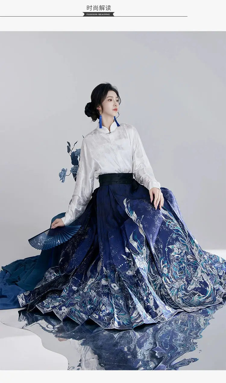 This blue modern hanfu features elegant hanfu sleeves, a stylish hanfu jacket, and timeless charm. Perfect as a princess hanfu dress, fairy hanfu dress, or casual hanfu, it suits every hanfu woman. Inspired by Ming Dynasty hanfu, this modern hanfu dress pairs beautifully with a hanfu shirt for a layered look. Ideal for hanfu cosplay or as a cozy winter hanfu, it’s available at our trusted hanfu shop. Wondering where to buy hanfu? Find the best modernised hanfu and blue hanfu designs here.