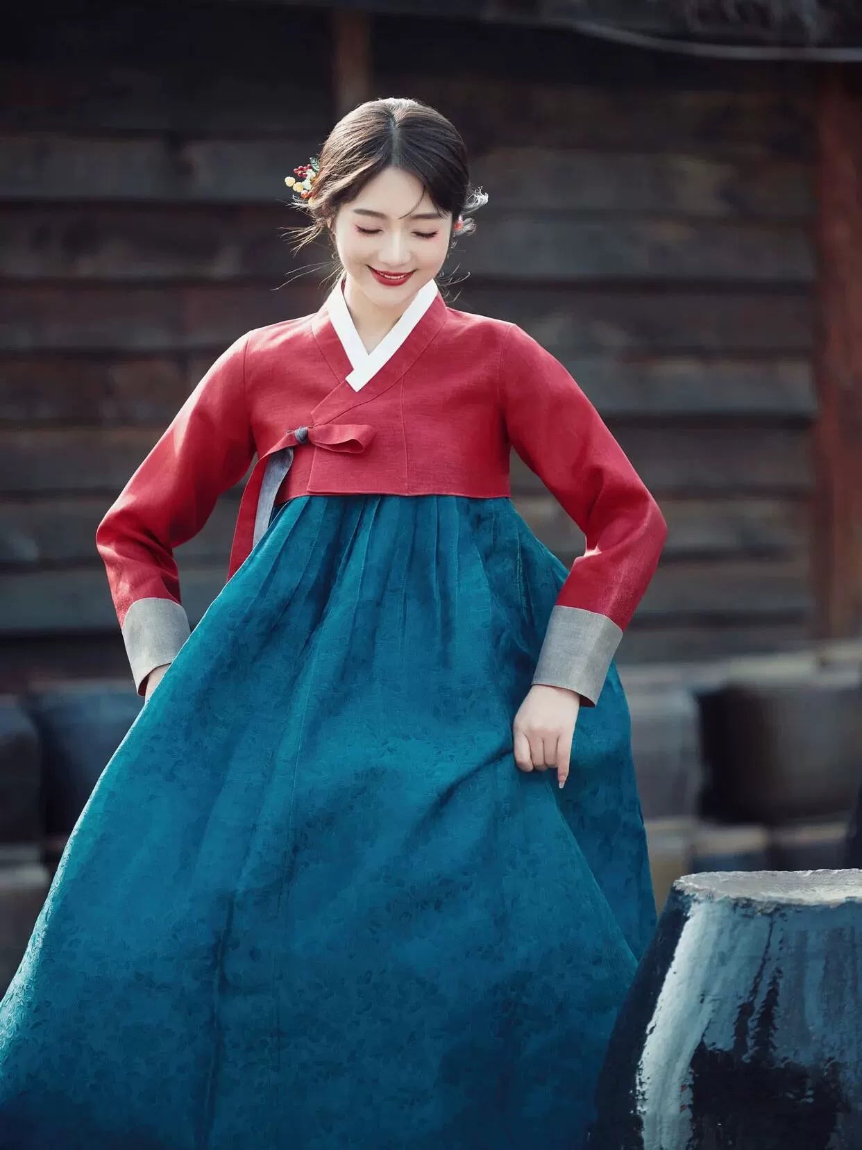 Elegant Korean Hanbok Wedding Dress in red top and blue skirt, perfect for traditional court ceremonies and performance wear.