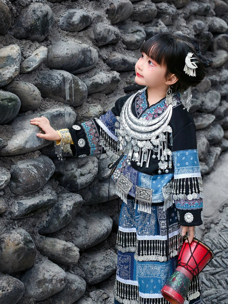 Miao blue dress for girls Dai dance performance costume with silver accessories, perfect for Chinese cultural showcases and stage events.
