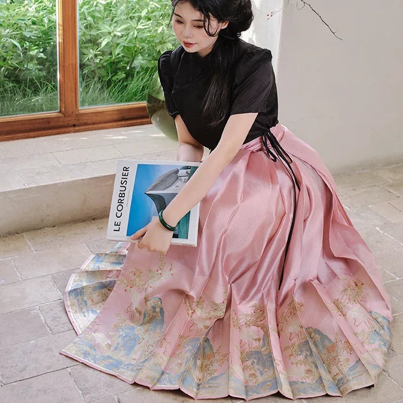 Yu Bai Green & Pink Hanfu Weaving Gold Horse Dress Crane Symphony - Yandan_Hanfu
