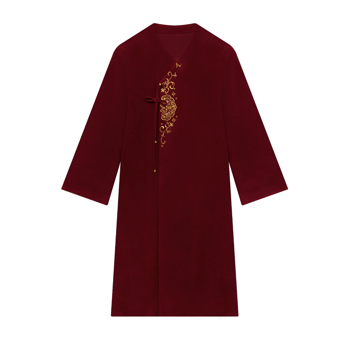 Red floral coat displayed alone