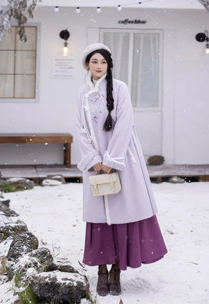 Purple Hanfu coat with floral embroidery, flat lay