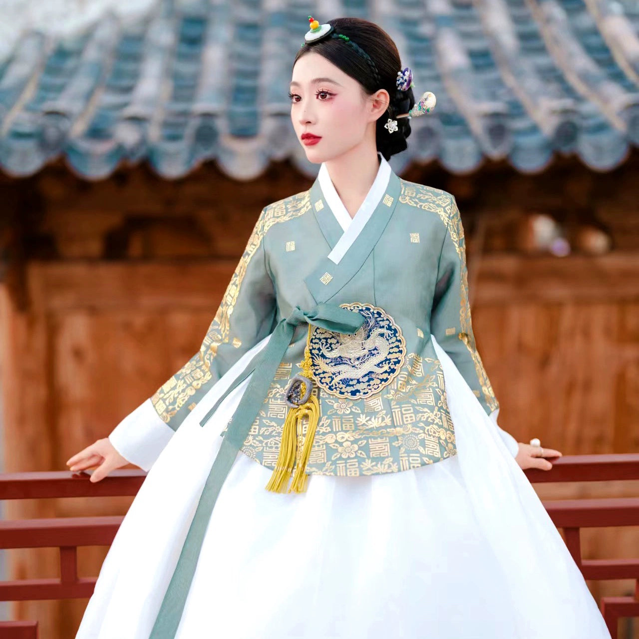 Graceful Korea Princess Hanbok with green top and white flowing skirt.