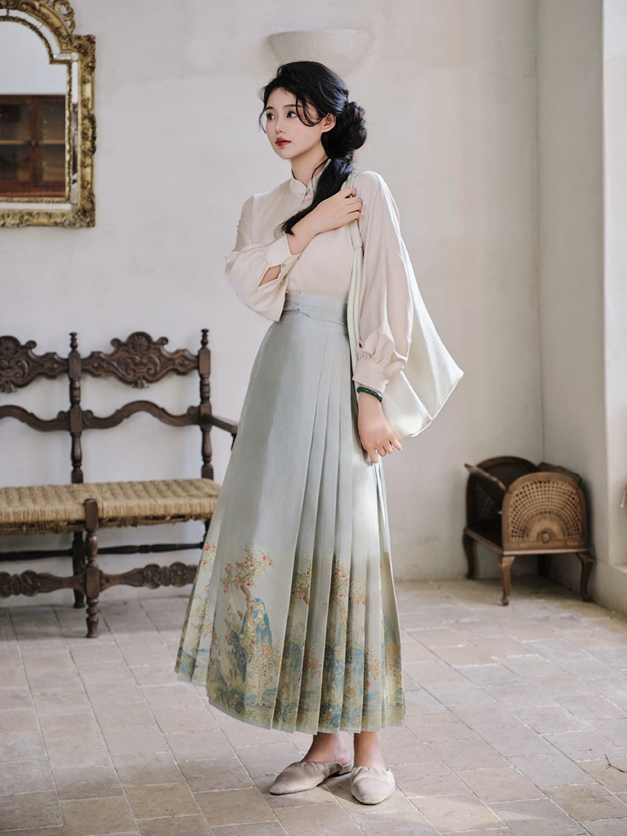 Yu Bai Green & Pink Hanfu Weaving Gold Horse Dress Crane Symphony