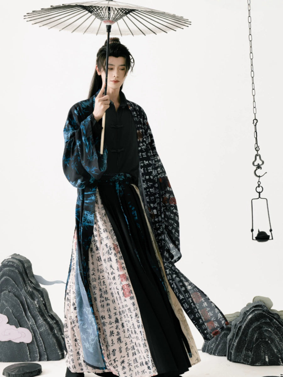 Experience the elegance of the Song Dynasty with our Calligraphy Hanfu Men's Cloak Large Sleeve Shirt Black Suit. Inspired by Chinese calligraphy and cultural aesthetics, each piece embodies timeless sophistication. Elevate your wardrobe with our fusion of classic and contemporary Hanfu styles.