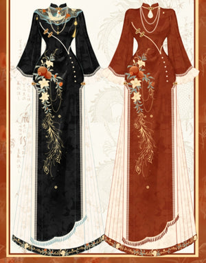 Illustration of black and red cheongsam dresses with floral embroidery and elegant design, showcasing traditional Hanfu style.