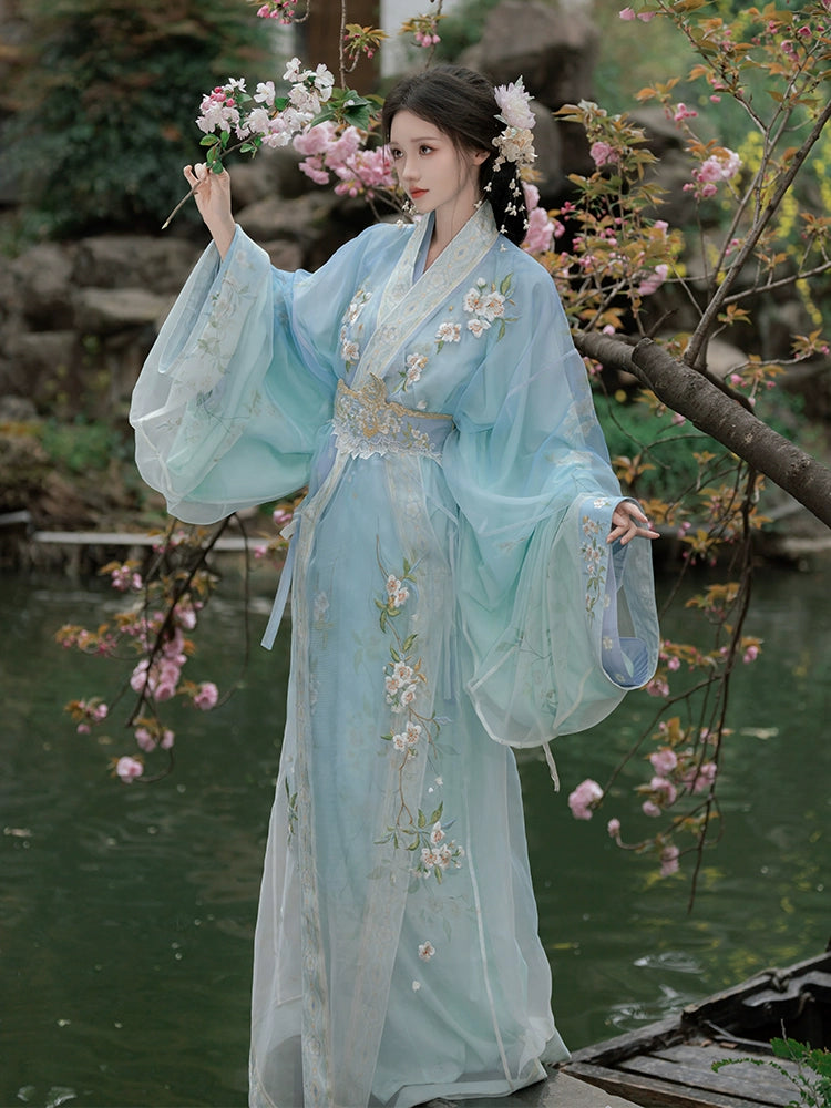 Blue Pear Blossom Moonlight – Traditional Hanfu Robe with Embroidered Jacquard Train
