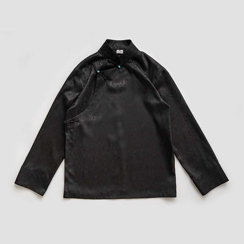 Contemporary Tibetan Shirt – Acetate Jacquard Stand Collar | Cultural Fusion Top