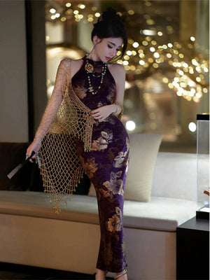 Full-length purple cheongsam dress with gold jacquard floral design, styled with a gold shawl and jewelry for a glamorous look.