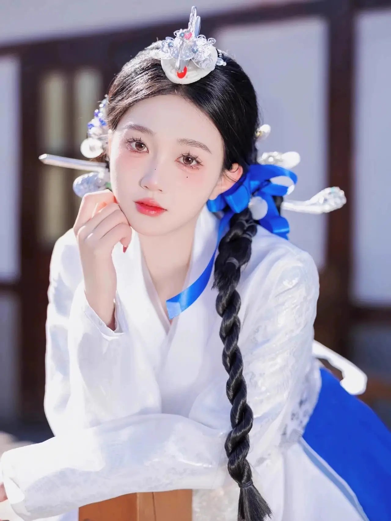 Blue Princess Hanbok Dress – Modern Korean Palace Style Outfit for Event,Photoshoots, Weddings & Stage Performances
