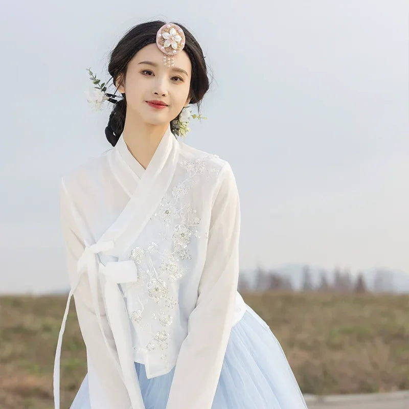korean modern dress Hanbok Women Lace Dress, Korean Modern Hanbok Wrap Style Long Dress Wedding Dress, Korea Modernized Daily Casual Party Hanbok White