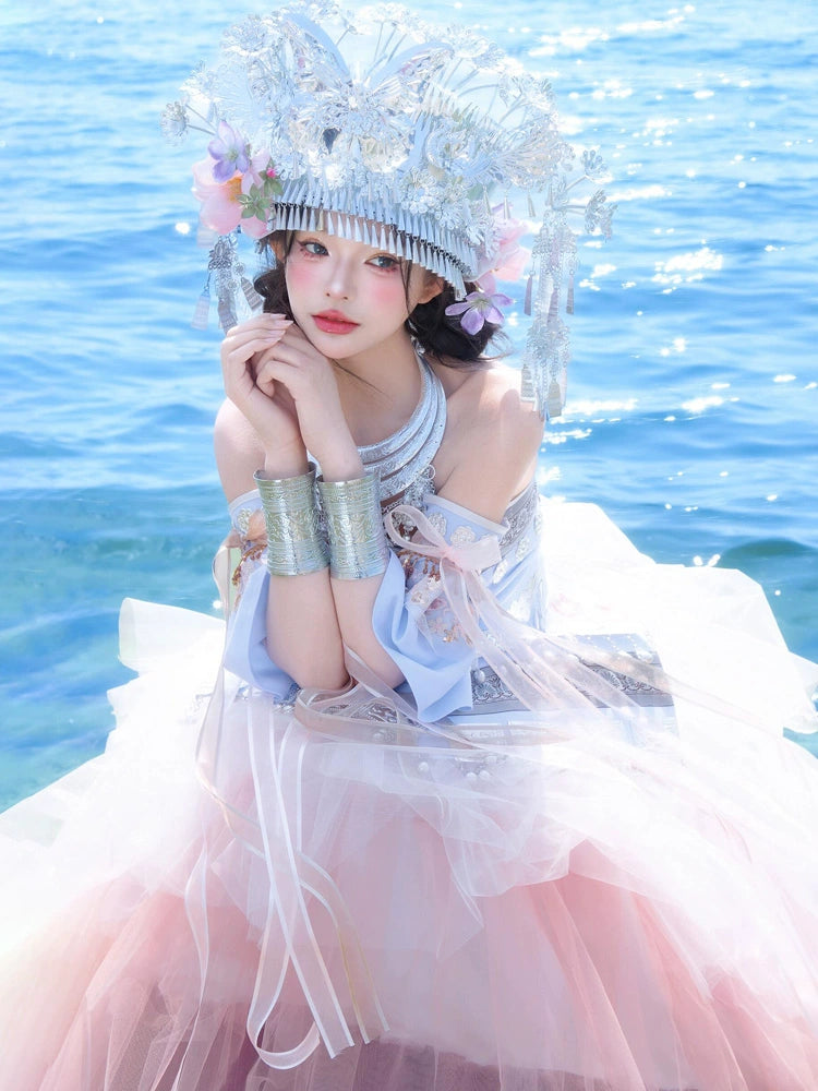 Close-up of Pink Miao Clothing Women's Summer Cake Green Dress with silver jewelry and pastel tulle, perfect for stage or themed events.