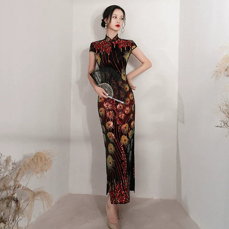 Floral pattern, long jacquard silk-satin cheongsam - Yandan_Hanfu