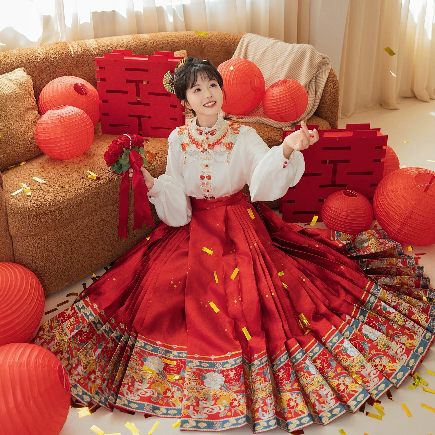 Tang-style bridal Hanfu set detail image for chest-high skirt and wedding accessories