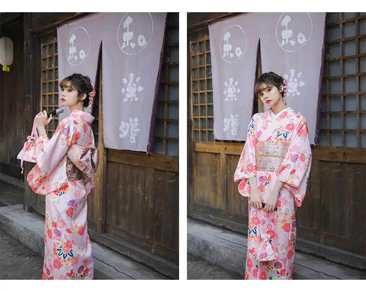 Two images of a woman in a pink floral kimono, showcasing front and side views with traditional Japanese wooden architecture in the background.