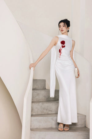 White Cynthia and Dahlia evening gown with red floral beading, front view