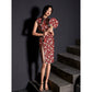 Elegant red cheongsam with crane print, cotton fabric, and side slit.