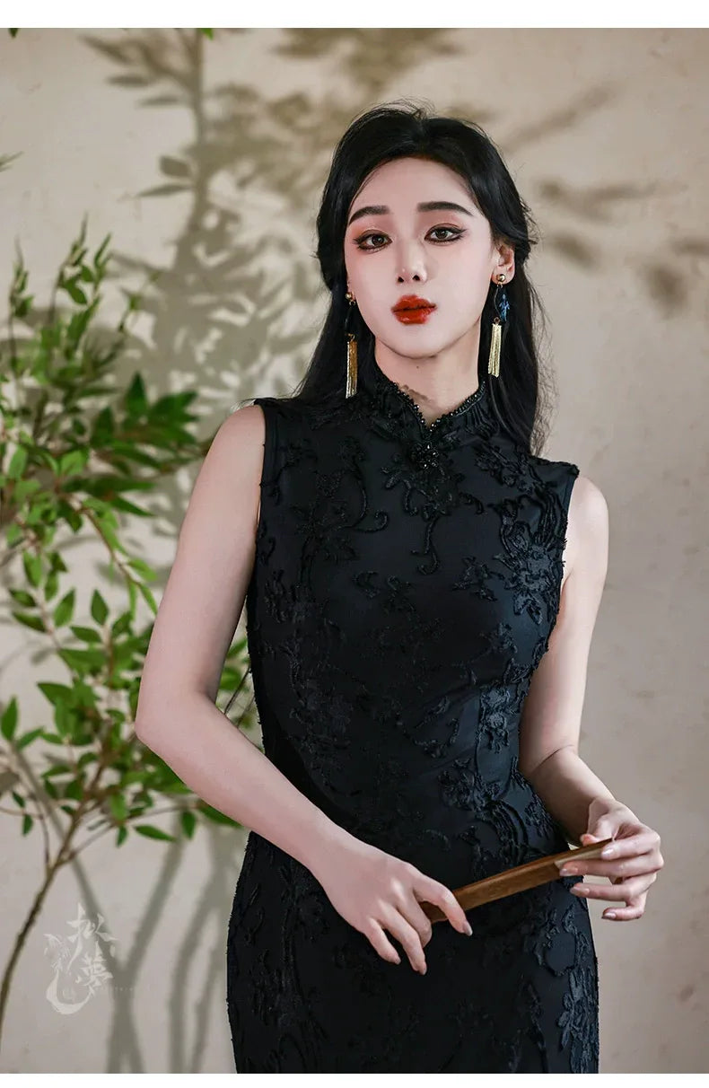 black chinese dress Black Qipao, midi Cheongsam, mandarin collar Qipao, jacquard Cheongsam Black / M