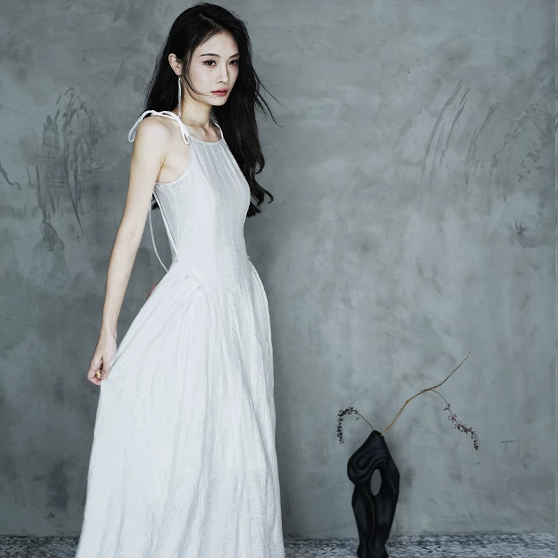 New Chinese Style 100% Ramie Suspender Dress | Empty Mountain Hsinchu Slim Retro Strap Dress