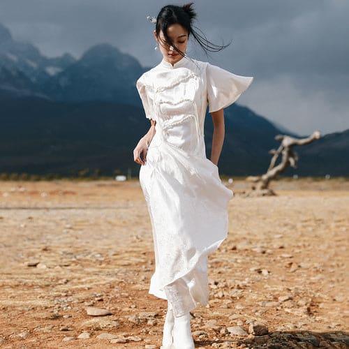 Da Qing Long Si Design Sense New Chinese Jacquard Improvement Qipao Dress Women's Summer Romantic Retro Slim Fit Long Skirt White / large