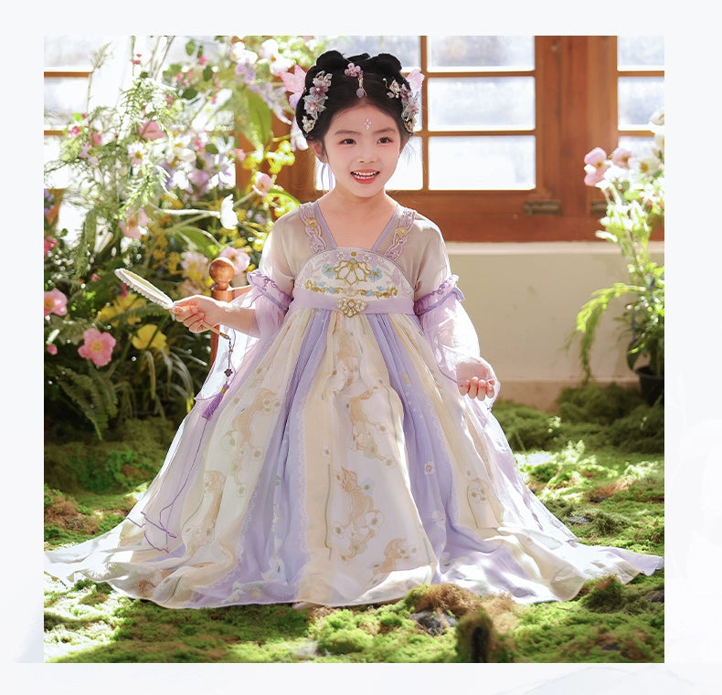 Joyful girl in Tang Dynasty Purple Hanfu summer dress with floral embroidery, perfect for traditional events and elegant summer occasions.