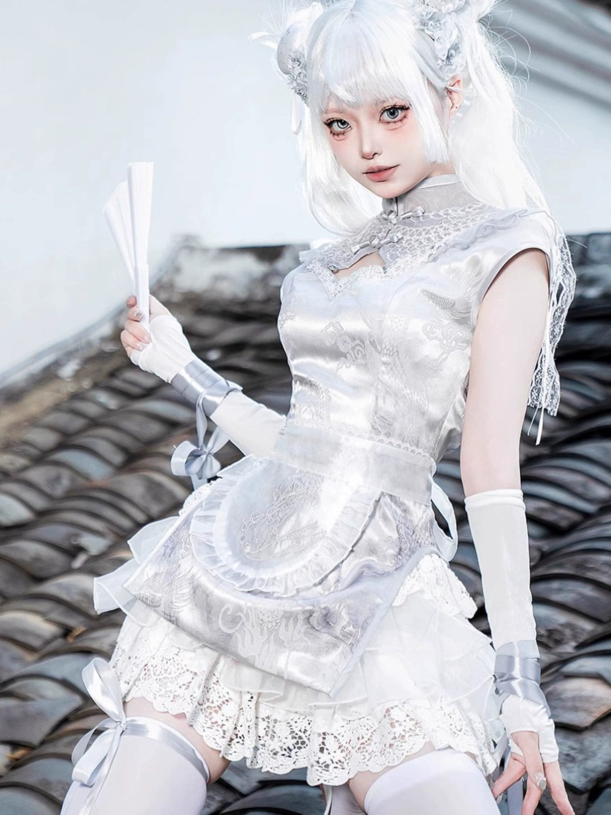New Chinese style white Dress Cheongsam Maid Apron Short Dress Lolita