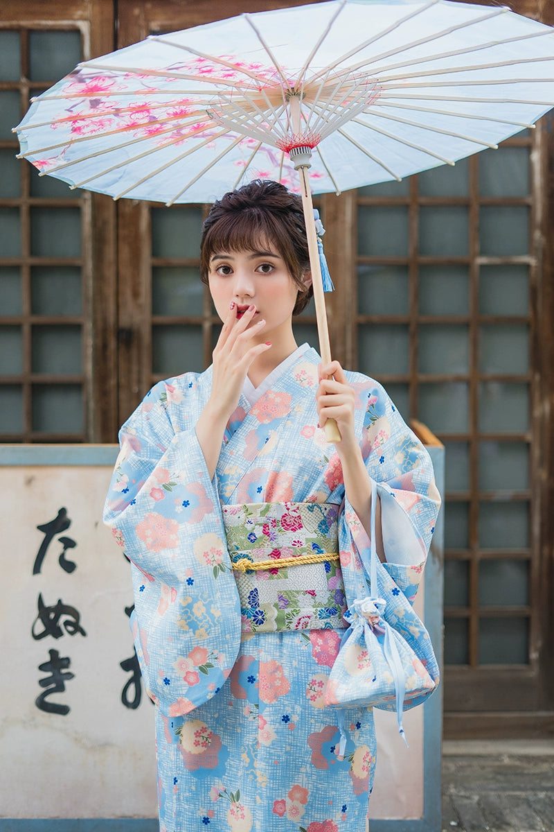 Light blue flower, cute girly style kimono yukata, gentle Japanese modified women's kimono dress