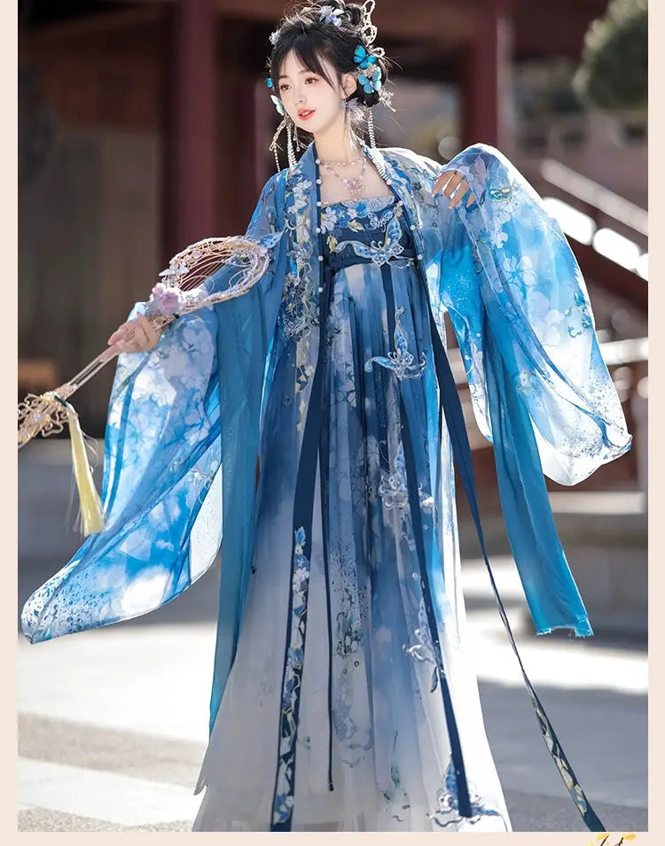 This blue hanfu for women features elegant hanfu sleeves, intricate hanfu patterns, and layered designs. Perfect as a princess hanfu dress, fairy hanfu dress, or sexy hanfu, it’s inspired by Tang Dynasty hanfu and ideal for hanfu cosplay or hanfu dance styles. Shop plus size hanfu, hanfu skirts, and more at our trusted hanfu shop. Wondering where to buy hanfu? Explore hanfu for sale from top Chinese clothing brands and the best Chinese designer clothing websites at our Chinese clothing store online.