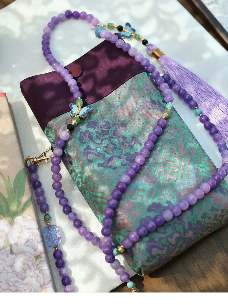 Floral Motif Bag | Color-Block Canvas Crossbody with Beaded Strap - Yandan_Hanfu