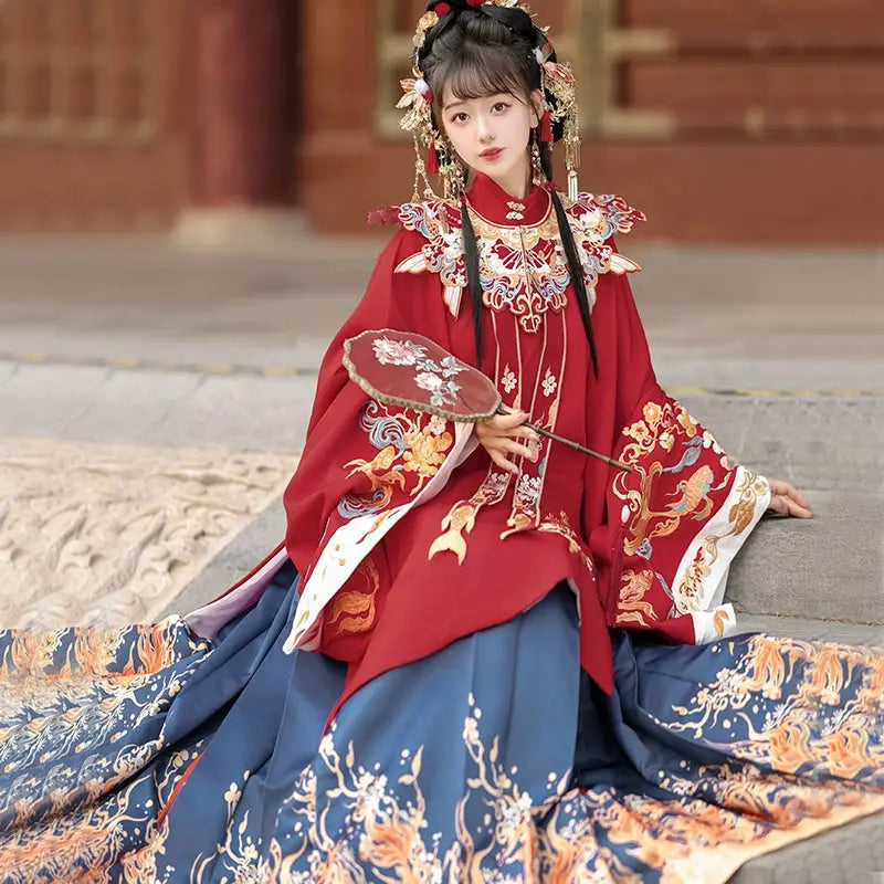 Flower Marriage Hanfu Ming-Made Collar Stand Cardigan Horse Face Skirt Wedding Clothes Cloud Shoulder Autumn and Winter White Collar Shirt + Red Horse Flower Marriage Hanfu Ming-Made Collar Stand Cardigan Horse Face Skirt Wedding Clothes Cloud Shoulder Autumn and Winter White Collar Shirt + Red Horse