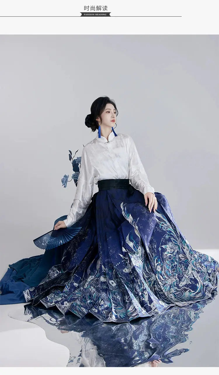 This blue modern hanfu features elegant hanfu sleeves, a stylish hanfu jacket, and timeless charm. Perfect as a princess hanfu dress, fairy hanfu dress, or casual hanfu, it suits every hanfu woman. Inspired by Ming Dynasty hanfu, this modern hanfu dress pairs beautifully with a hanfu shirt for a layered look. Ideal for hanfu cosplay or as a cozy winter hanfu, it’s available at our trusted hanfu shop. Wondering where to buy hanfu? Find the best modernised hanfu and blue hanfu designs here.