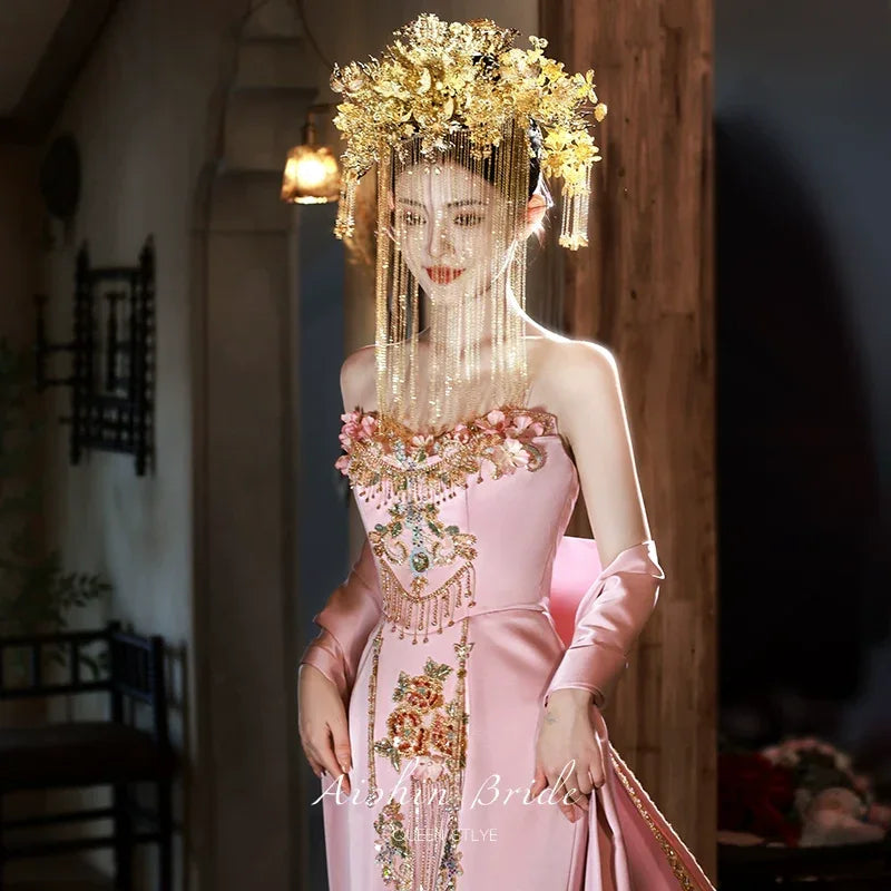 Jade Pool Original New Chinese Style Evening Gown for Engagement & rich powder / M Jade Pool Original New Chinese Style Evening Gown for Engagement & rich powder / M