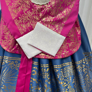 Detailed view of Korea Yanji Princess Court Hanbok's gold patterns and white cuffs.