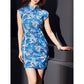 Hot stamping printing ukiyo-e painting wave blue short cheongsam