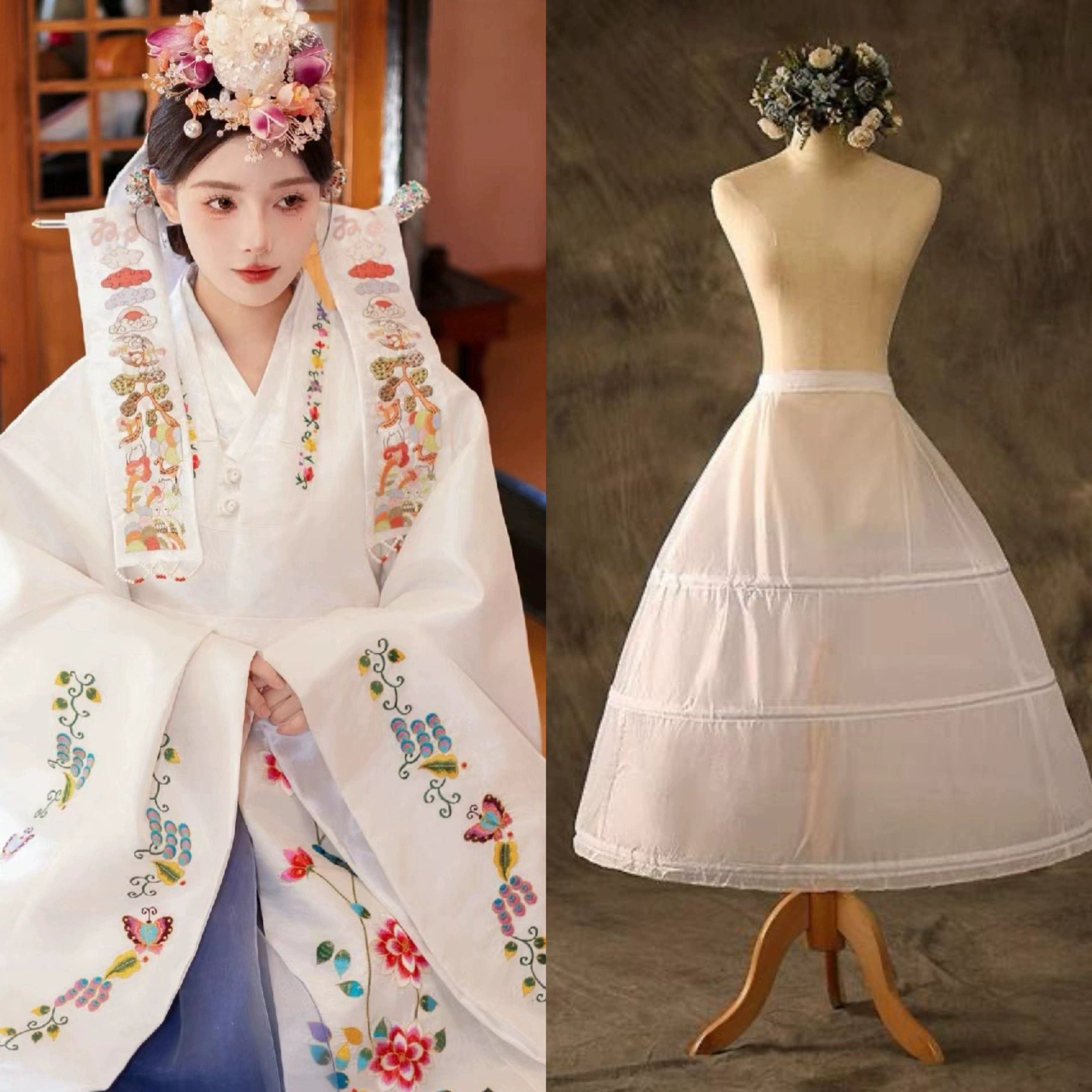 White Korean wedding hanbok with embroidery alongside a traditional petticoat.