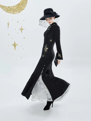 Black fishtail qipao worn without cape