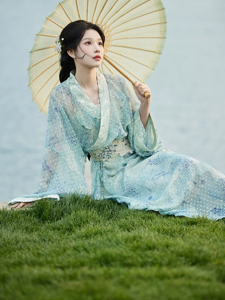 Whisper of Spring – Embroidered Blue Hanfu Dress with Waist Sash | Elegant Straight-Cut Robe in New Chinese Style